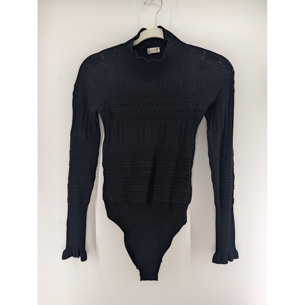 Intimately Free People Black Pointelle Knit Mock Neck Bodysuit Ruffle Cuff S